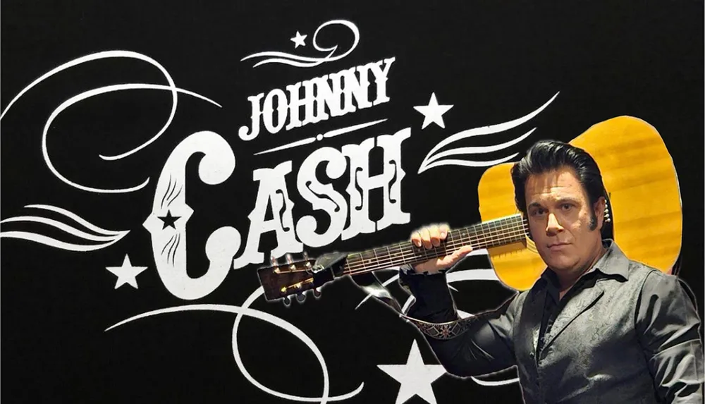 This image features a stylized design with the name Johnny Cash and a man holding a guitar in front of it evoking the style of the famous American singer-songwriter