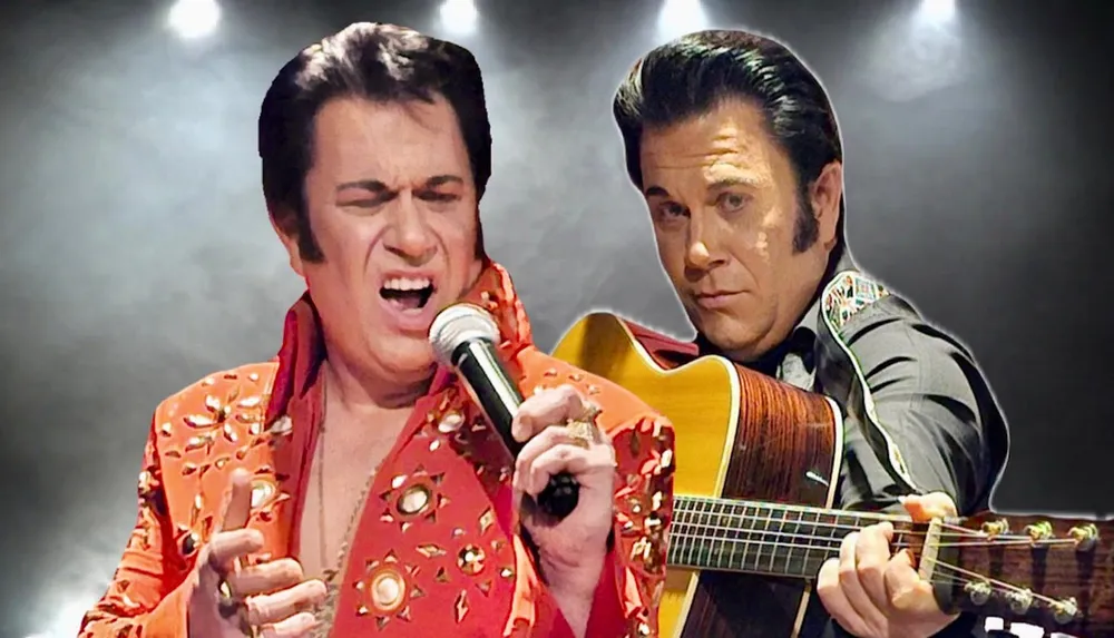 The image shows two performers one singing into a microphone and the other playing a guitar both dressed in costumes reminiscent of the style associated with Elvis Presley