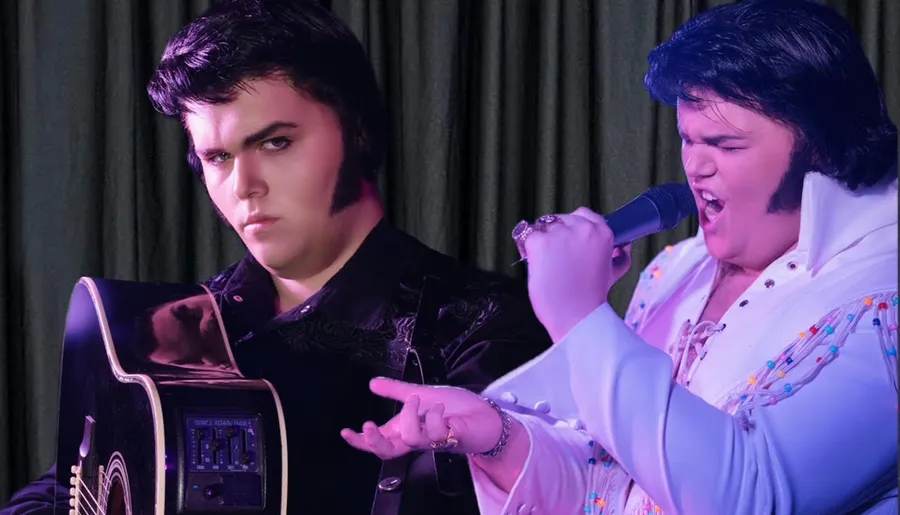 The image shows a performer dressed in styles reminiscent of Elvis Presley, one with a guitar and one singing with a microphone.