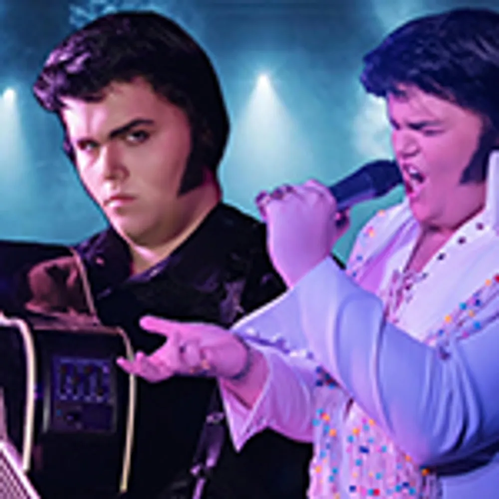 The image shows two people dressed in Elvis Presley-style outfits one playing guitar and the other singing into a microphone against a backdrop of stage lights