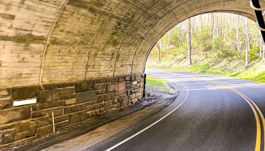 The image shows a road curving to the left as it emerges from a stone tunnel with sunlight filtering in from the forested area outside.