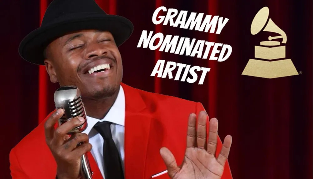 The image features a person in a red suit with a black hat singing into a vintage microphone with the caption GRAMMY NOMINATED ARTIST and a Grammy award logo prominently displayed