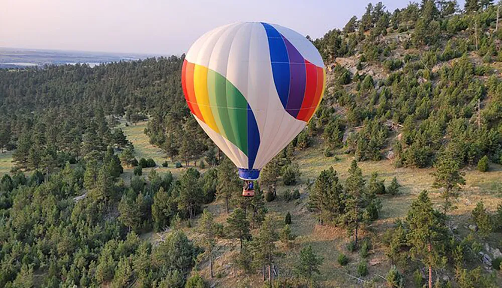 A colorful hot air balloon floats above a forested landscape in the soft light of either early morning or late afternoon