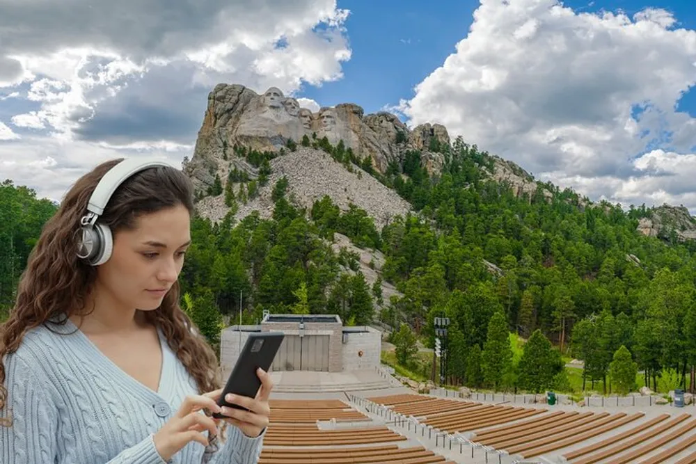 A young woman wearing headphones is focused on her phone in the foreground with the iconic Mount Rushmore National Memorial visible in the background