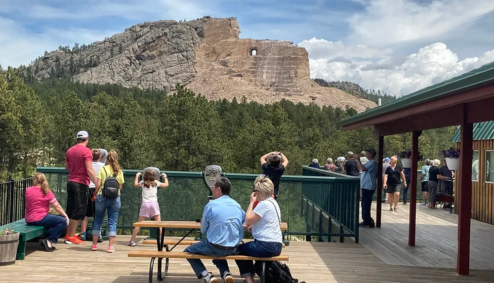 Visitors observe a distant mountain carving from a viewing platform surrounded by pine trees