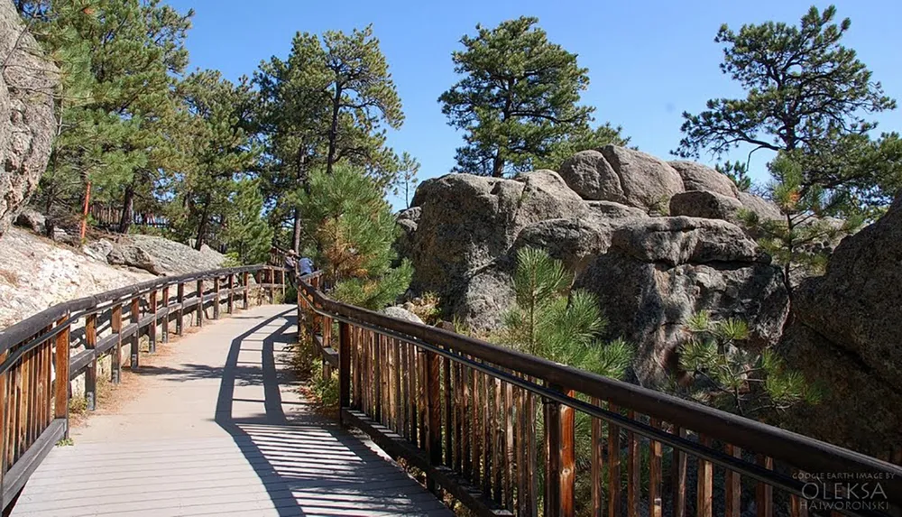 A wooden boardwalk winds through a forested area with rocky outcrops under a clear blue sky