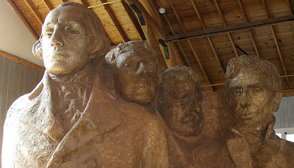 The image displays a sculpture featuring the busts of several figures clustered together appearing aged and crafted from a singular rough-hewn material