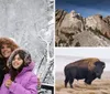 A family of three is taking a selfie in a snowy landscape all smiling and dressed warmly for winter weather