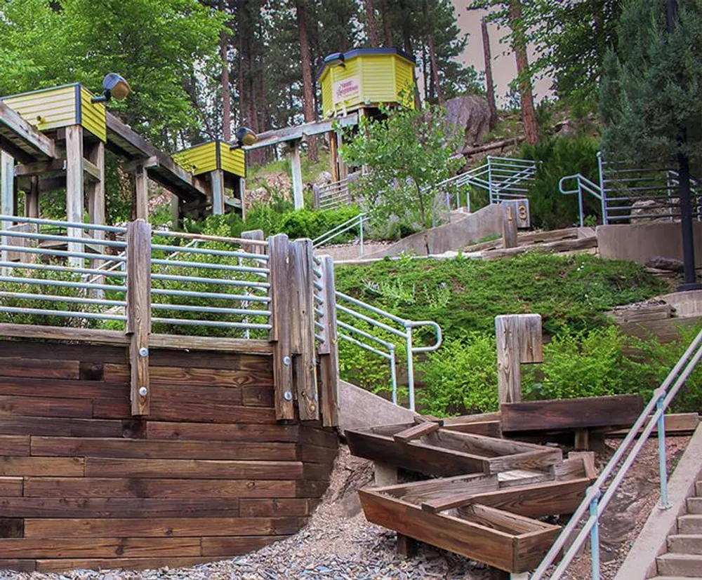 This is a photo of a wooden and concrete outdoor staircase with metal handrails and yellow-colored tram-like funicular carriages in the background ascending a hill with greenery