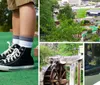 A person wearing black high-top sneakers is playing miniature golf on a green course with a red putter preparing to hit a blue ball