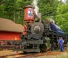 An old-fashioned steam locomotive is pulling red passenger cars along a curving track through a pine forest