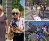 Three smiling women are using audio guide devices likely on an outdoor tour