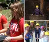 A group of people wearing hard hats listens to a man gesturing while giving a tour inside a cave or mine