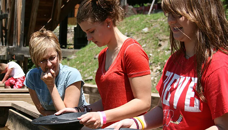 Three individuals are engaging in a gold panning activity outdoors on a sunny day.