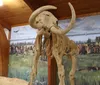 Visitors at a museum observe the skeletal remains of a large mammal with prominent tusks likely a prehistoric creature such as a mammoth displayed in an exhibit hall
