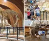 Visitors at a museum observe the skeletal remains of a large mammal with prominent tusks likely a prehistoric creature such as a mammoth displayed in an exhibit hall