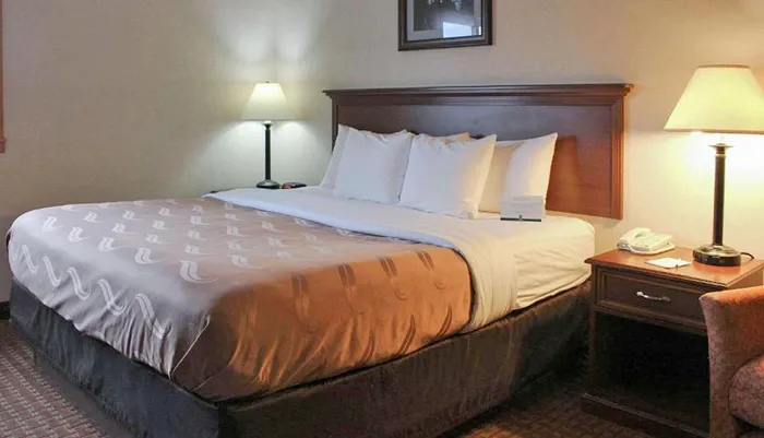 The image shows a neatly made bed with a brown decorative bedspread in a well-lit hotel room flanked by two table lamps on nightstands