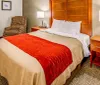 This image shows a neatly arranged hotel room with a queen-sized bed tan and red bedding a nightstand with a lamp and phone a patterned armchair a framed picture on the wall and a mini-fridge
