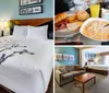 The image shows a neatly arranged hotel room with two queen-sized beds featuring white linens and a decorative black floral pattern alongside simple furnishings and artwork on the walls