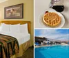 This is an image of a functional hotel room with two beds a diningwork table and a flat-screen TV decorated in a neutral color palette with a Western-themed artwork above one bed