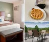 The image shows a neatly arranged hotel room with a large bed a small dining table with two chairs a bench and matching wooden furniture under ambient lighting