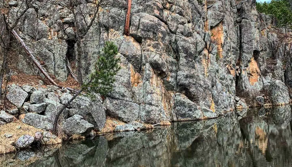 The image shows rugged cliffs with a scattering of trees and rocks beside calm water likely a lake or pond reflecting the rocky textures and vegetation
