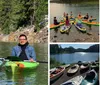 Two people are smiling and enjoying a kayak trip on a tranquil lake with a backdrop of a forested hillside partially covered in snow