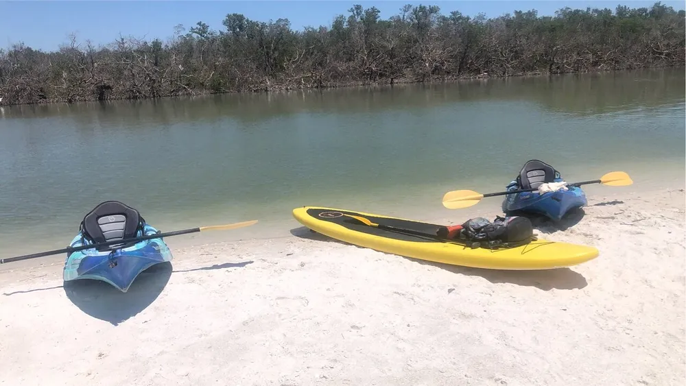 Two kayaks with paddles lie on a sandy shore beside calm waters suggesting a pause in a day of paddling