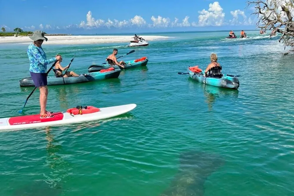 A group of people are enjoying various water activities such as paddleboarding and kayaking in a clear blue water setting near a beach