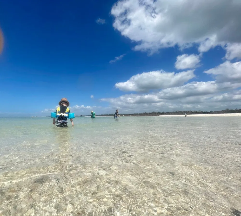 People are enjoying a sunny day in clear shallow waters at a beach with a blue sky and scattered clouds overhead