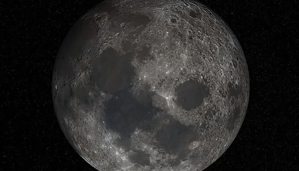 The image shows a detailed view of the Moons surface with numerous craters and maria set against the backdrop of space