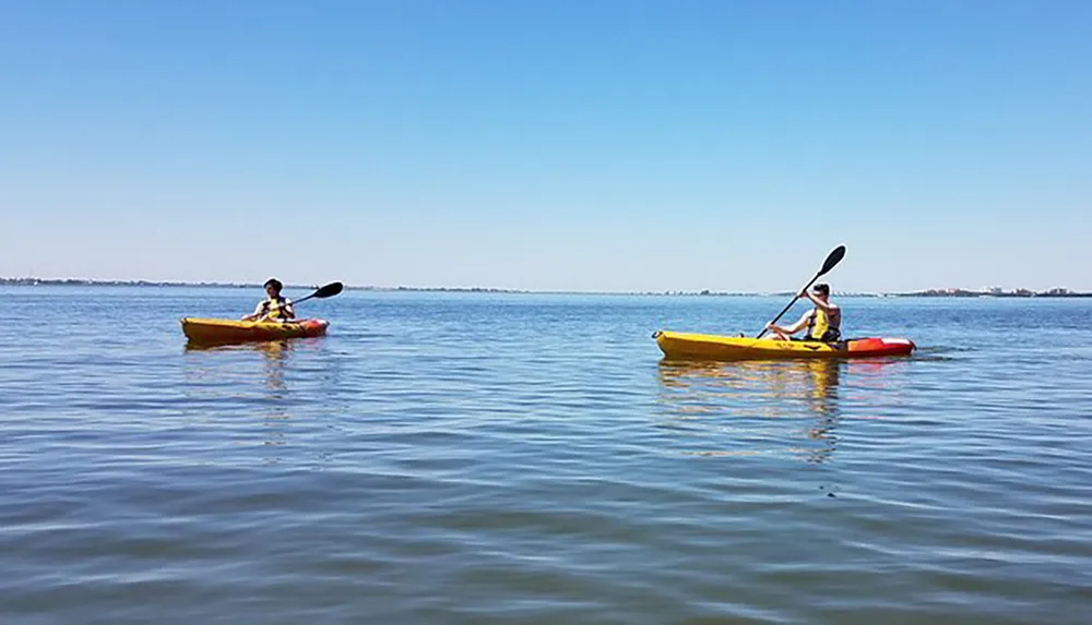 Two people are paddling in yellow kayaks on a calm blue water surface under a clear sky
