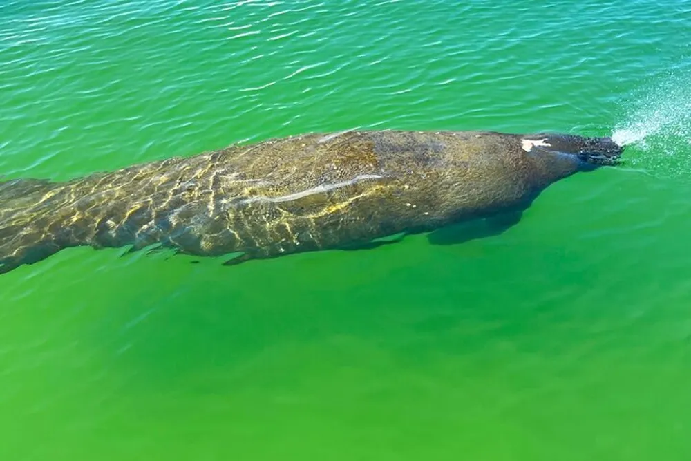 A manatee is submerged in clear green water with part of its body visible above the surface