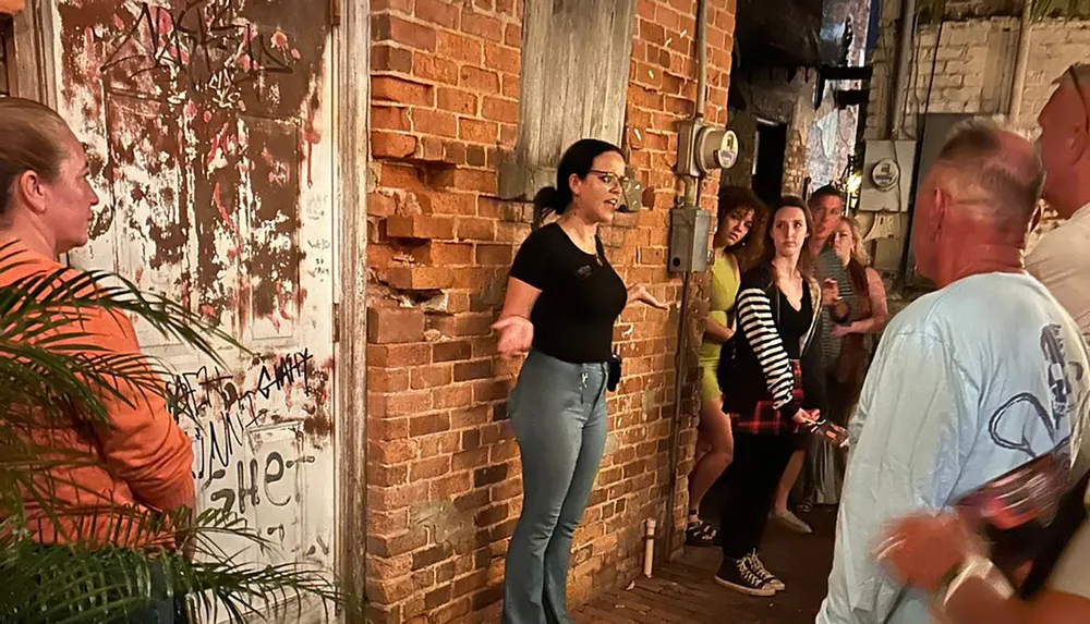 A group of people is attentively listening to a woman speaking in a rustic alleyway with exposed brick and distressed surfaces