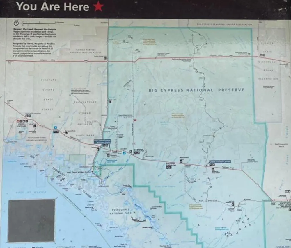 The image shows a map of the Big Cypress National Preserve area with a You Are Here marker indicating the viewers location