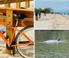 An orange bicycle is casually leaned against a wooden railing on a sandy beach under bright sunlight
