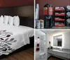 This is a modern hotel room featuring two queen beds with patterned bedspreads a desk with chairs a mounted television displaying a football player and red accent walls