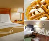 The image shows a neatly arranged hotel room with two double beds warm lighting and simple decor