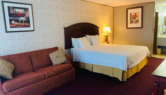 The image shows a neatly arranged hotel room with a large bed a patterned sofa with cushions framed artwork on the walls and a warm lighting atmosphere