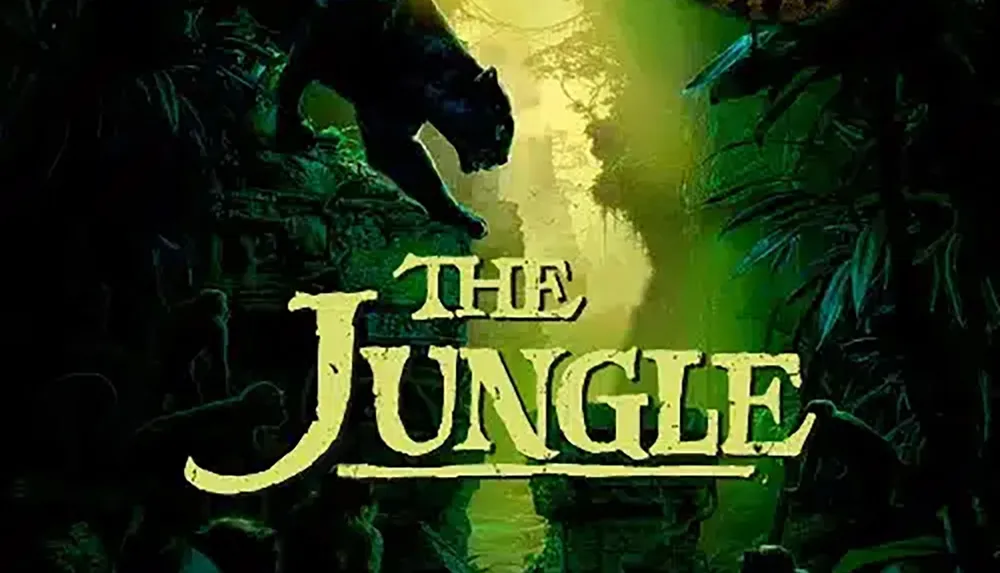 The image depicts a dark lush jungle scene with a silhouette of a panther and the title The Jungle in bold letters amidst a green and mysterious setting