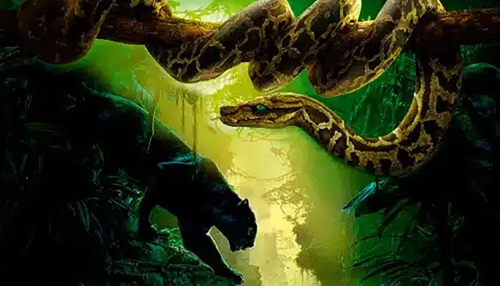 A snake is coiled around a tree branch above a prowling panther in a lush green jungle setting