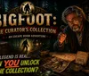 The image is a poster for Bigfoot The Curators Collection an escape room adventure featuring a mysterious man holding an old key inviting participants to unlock the legend of Bigfoot in the woods