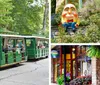 A tram full of passengers is touring through a wooded area with autumn foliage