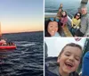 A group of people enjoys a scenic sunset aboard a boat with a child in sunglasses smiling at the forefront