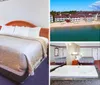 The image shows a well-lit hotel room with a large bed colorful carpet and a balcony offering an outside view