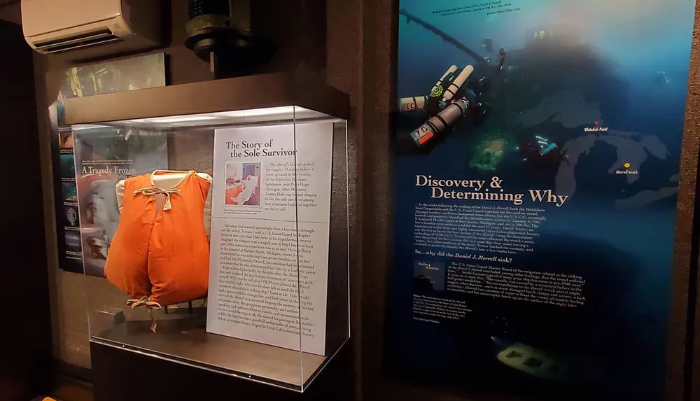 The image shows an exhibition display with texts and an orange life jacket likely narrating the story of a maritime disaster and its sole survivor