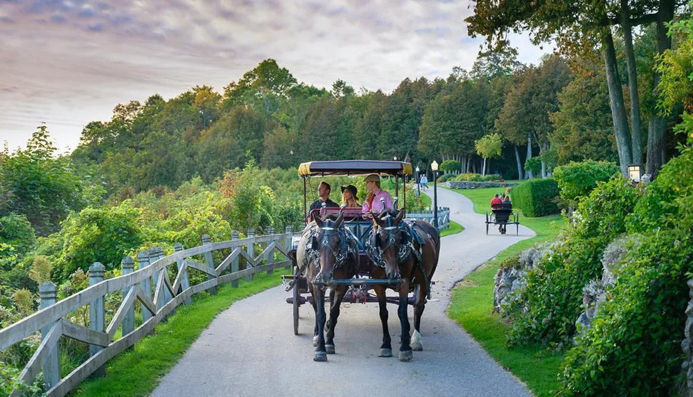 A horse-drawn carriage with passengers travels along a scenic park path in the late afternoon
