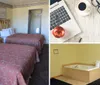 The image shows a hotel room with two beds featuring rustic wooden headboards patterned bedspreads a side table with a lamp and a wall mirror reflecting part of the room