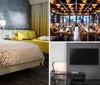 The image shows a stylish modern hotel room with a plush queen-sized bed featuring a unique headboard complemented by chic furniture and a bold yellow daybed near the window creating a luxe and inviting ambience