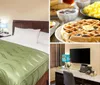 The image is of a neatly arranged small hotel room featuring a single bed with a green bedspread white linens a wooden headboard flanked by a nightstand with a blue lamp and includes amenities like a wall-mounted air conditioner a flat-screen TV and a coffee maker